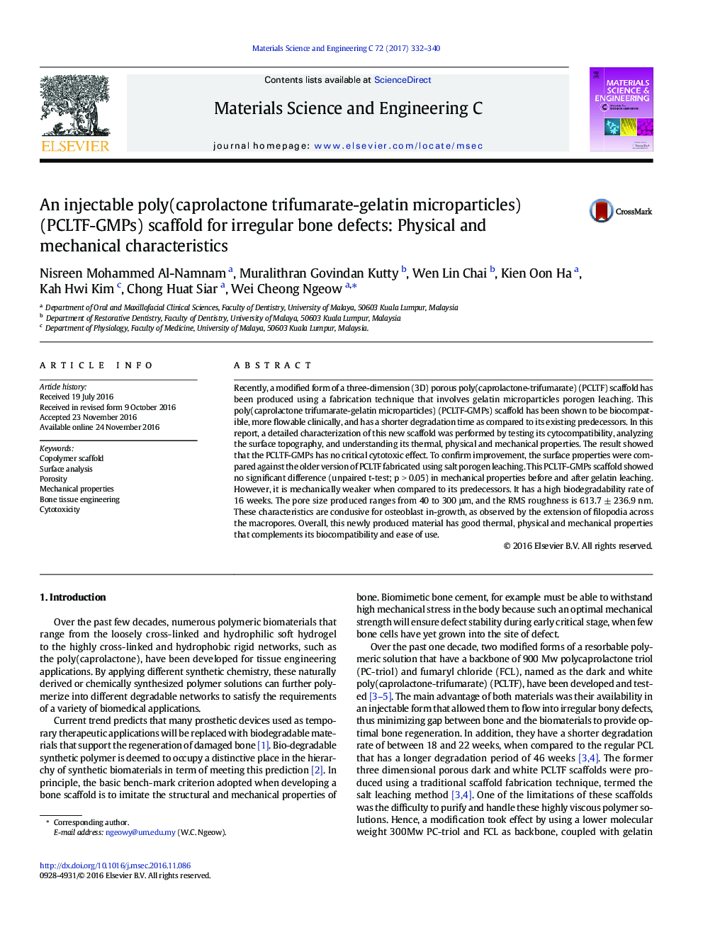 An injectable poly(caprolactone trifumarate-gelatin microparticles) (PCLTF-GMPs) scaffold for irregular bone defects: Physical and mechanical characteristics