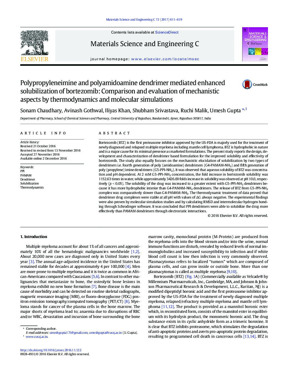 Polypropyleneimine and polyamidoamine dendrimer mediated enhanced solubilization of bortezomib: Comparison and evaluation of mechanistic aspects by thermodynamics and molecular simulations