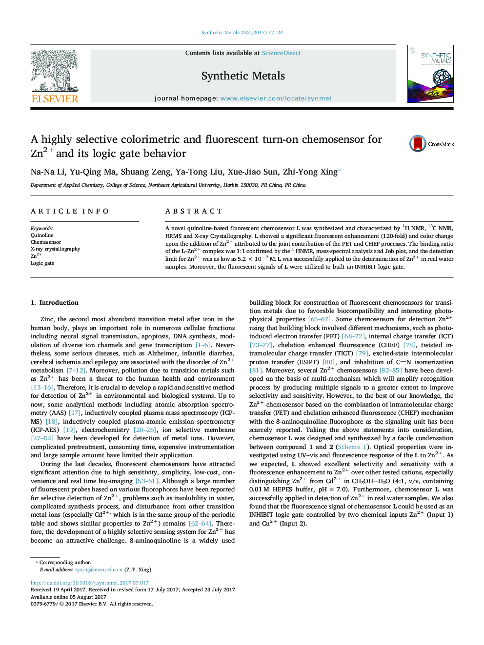 A highly selective colorimetric and fluorescent turn-on chemosensor for Zn2+and its logic gate behavior