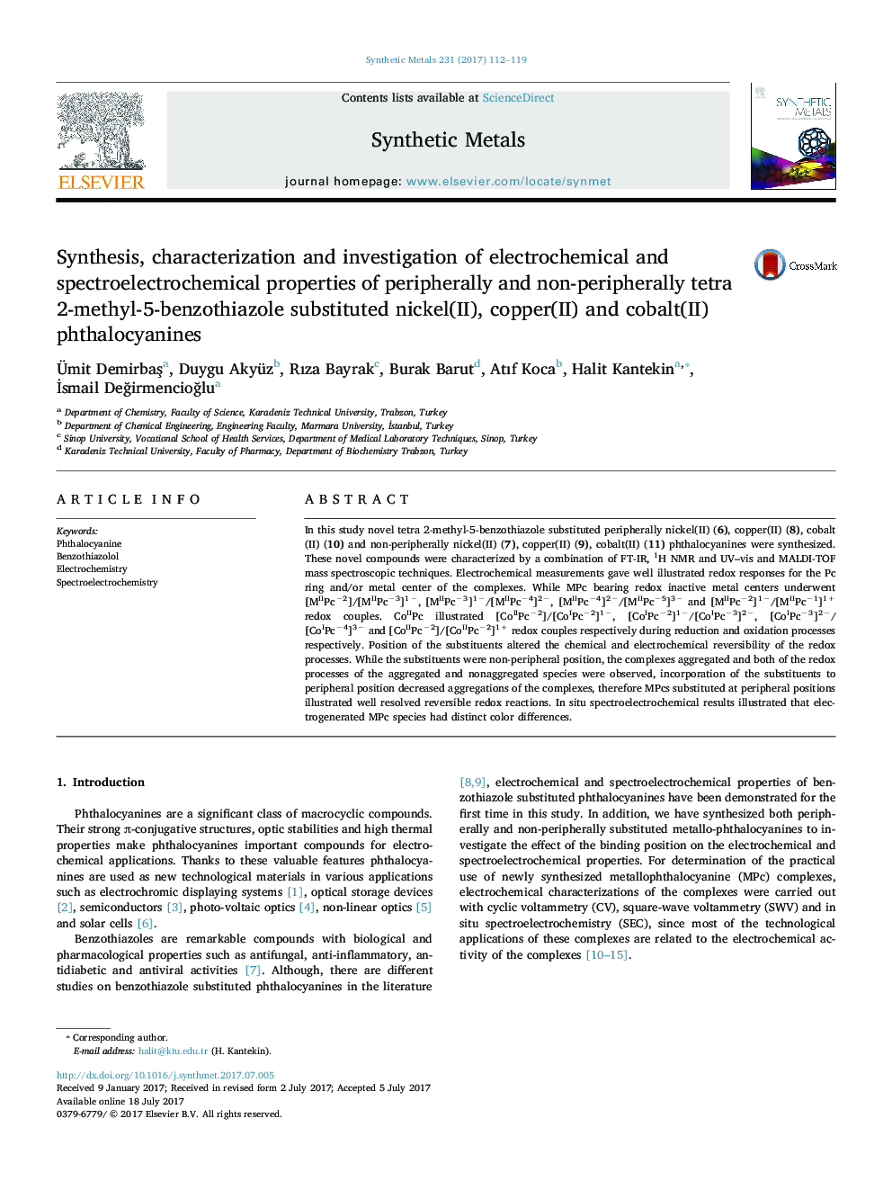 Synthesis, characterization and investigation of electrochemical and spectroelectrochemical properties of peripherally and non-peripherally tetra 2-methyl-5-benzothiazole substituted nickel(II), copper(II) and cobalt(II) phthalocyanines