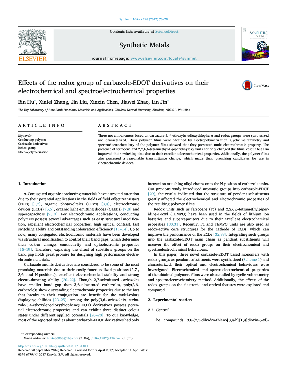 Effects of the redox group of carbazole-EDOT derivatives on their electrochemical and spectroelectrochemical properties