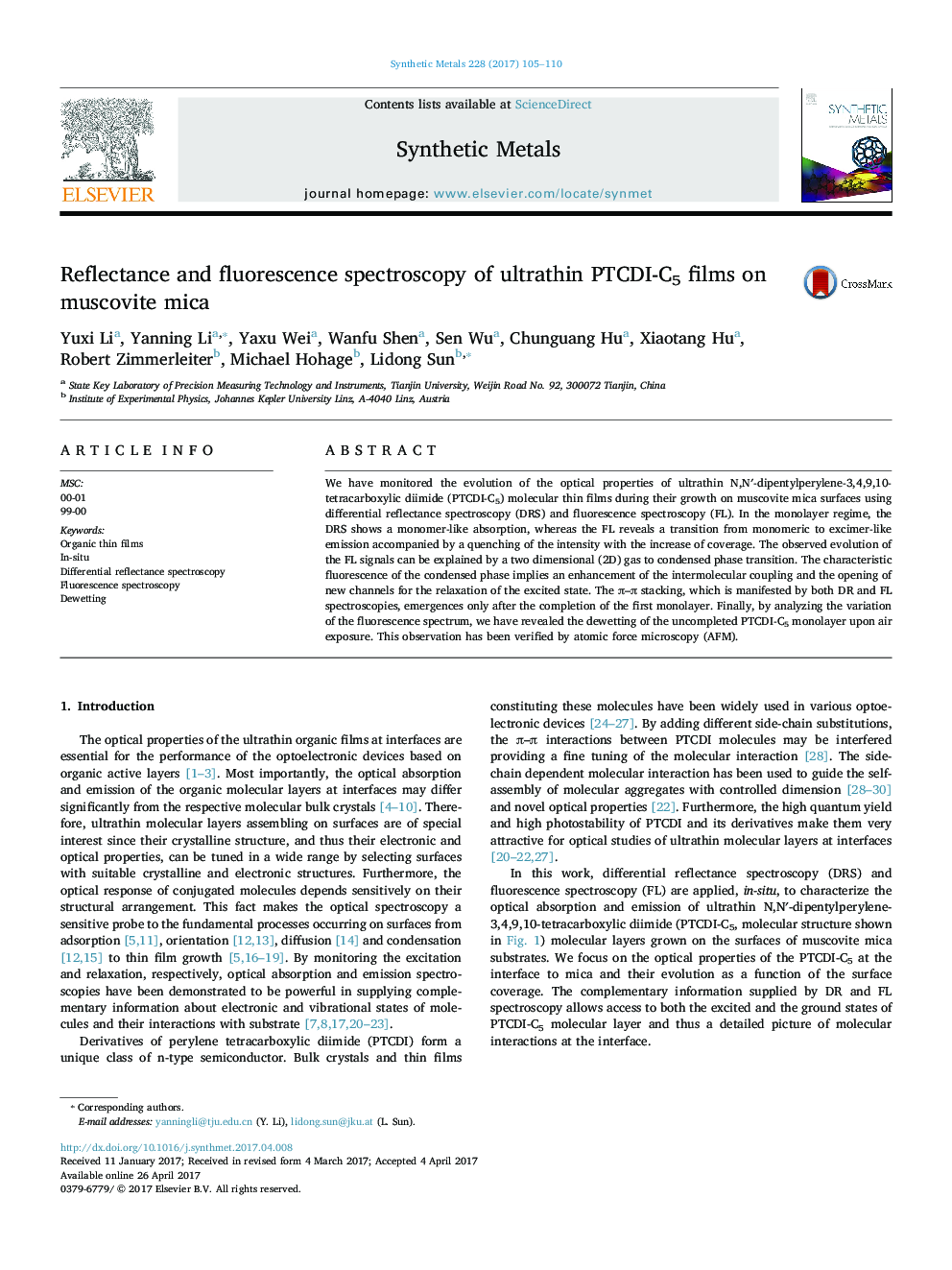 Reflectance and fluorescence spectroscopy of ultrathin PTCDI-C5 films on muscovite mica