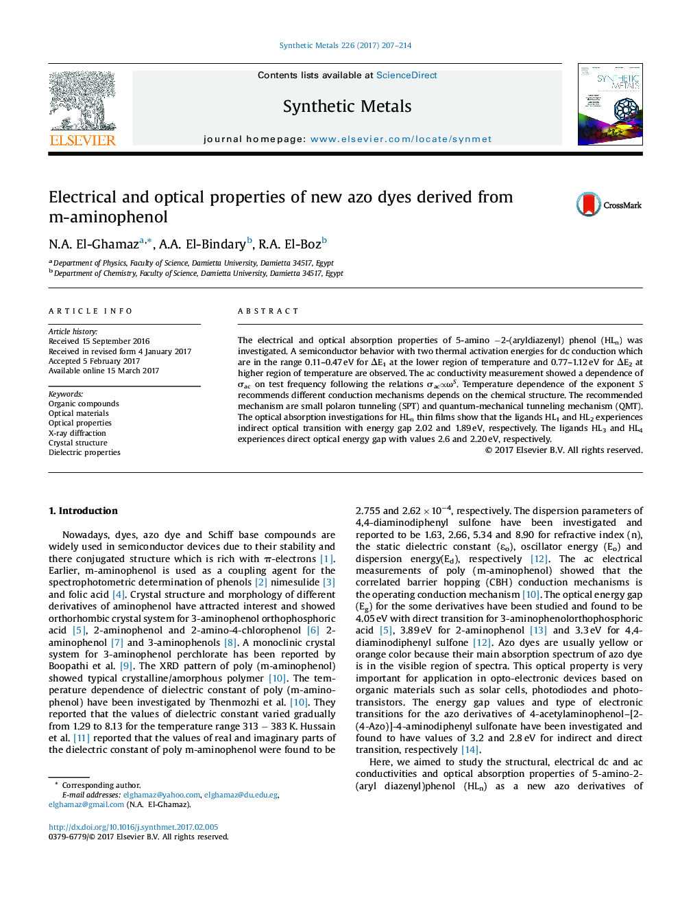 Electrical and optical properties of new azo dyes derived from m-aminophenol