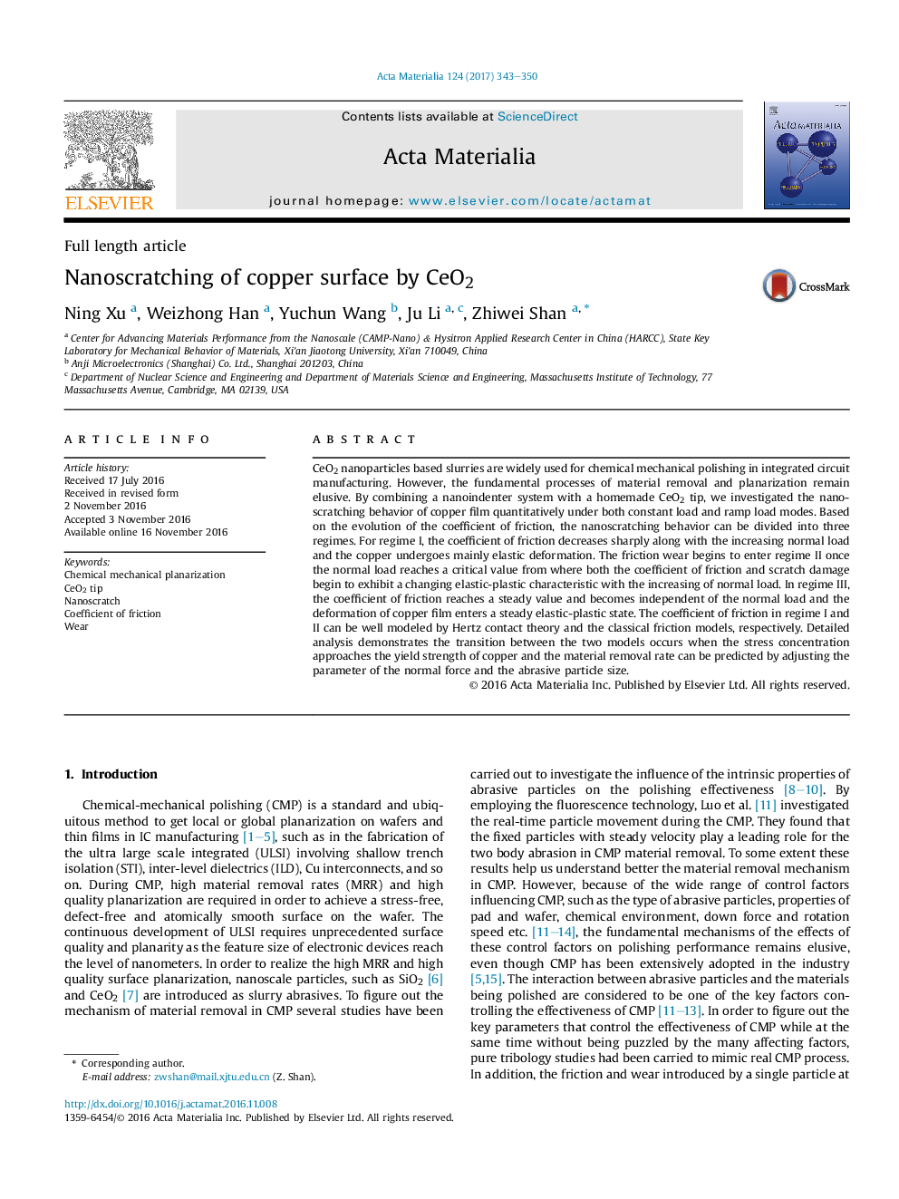 Nanoscratching of copper surface by CeO2