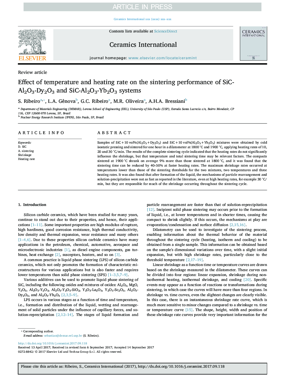 Effect of temperature and heating rate on the sintering performance of SiC-Al2O3-Dy2O3 and SiC-Al2O3-Yb2O3 systems