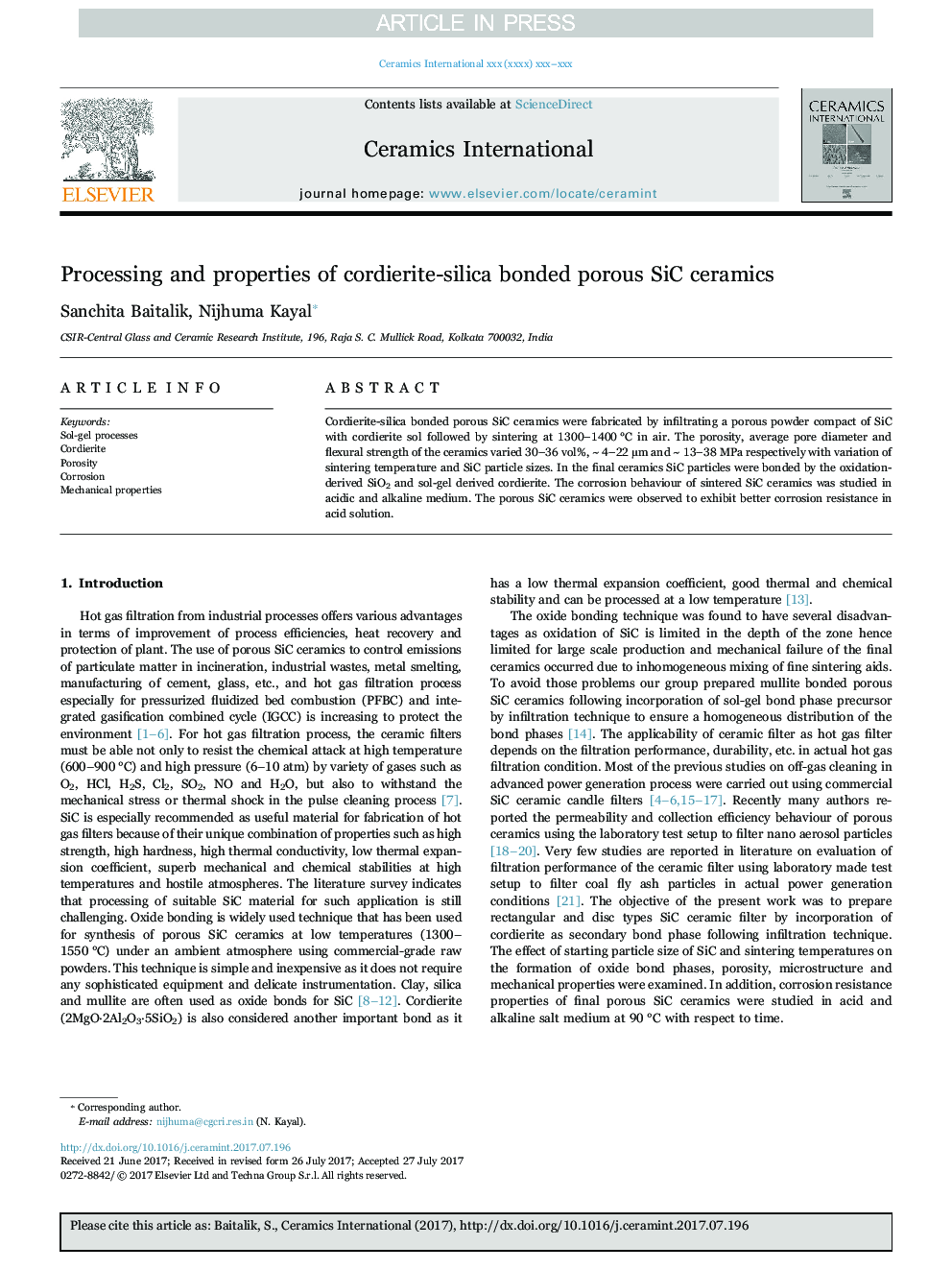 Processing and properties of cordierite-silica bonded porous SiC ceramics