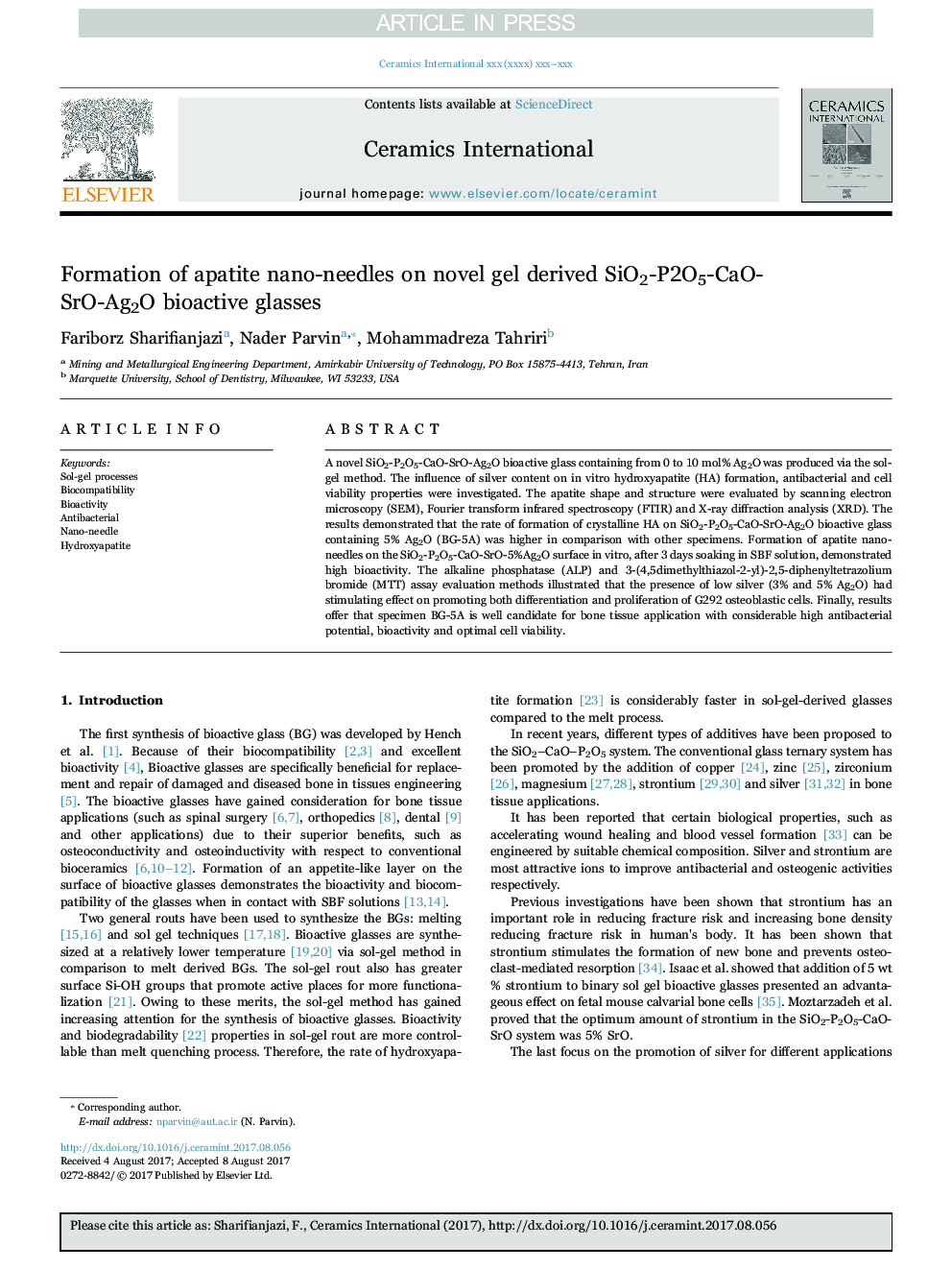 Formation of apatite nano-needles on novel gel derived SiO2-P2O5-CaO-SrO-Ag2O bioactive glasses