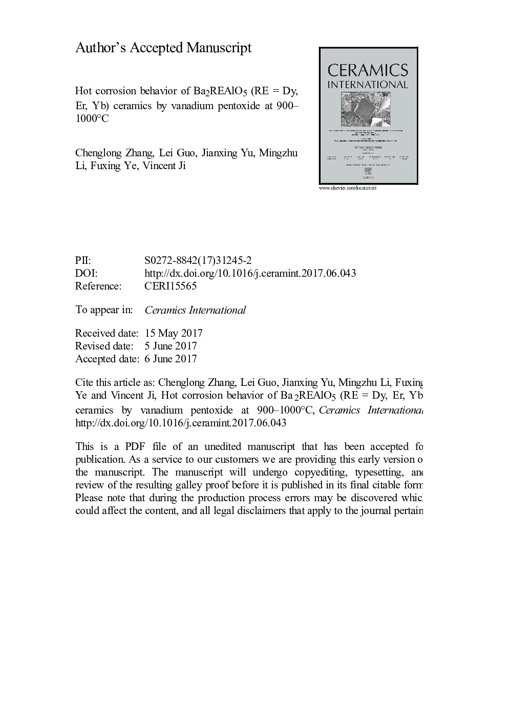 Hot corrosion behavior of Ba2REAlO5 (RE = Dy, Er, Yb) ceramics by vanadium pentoxide at 900-1000Â Â°C