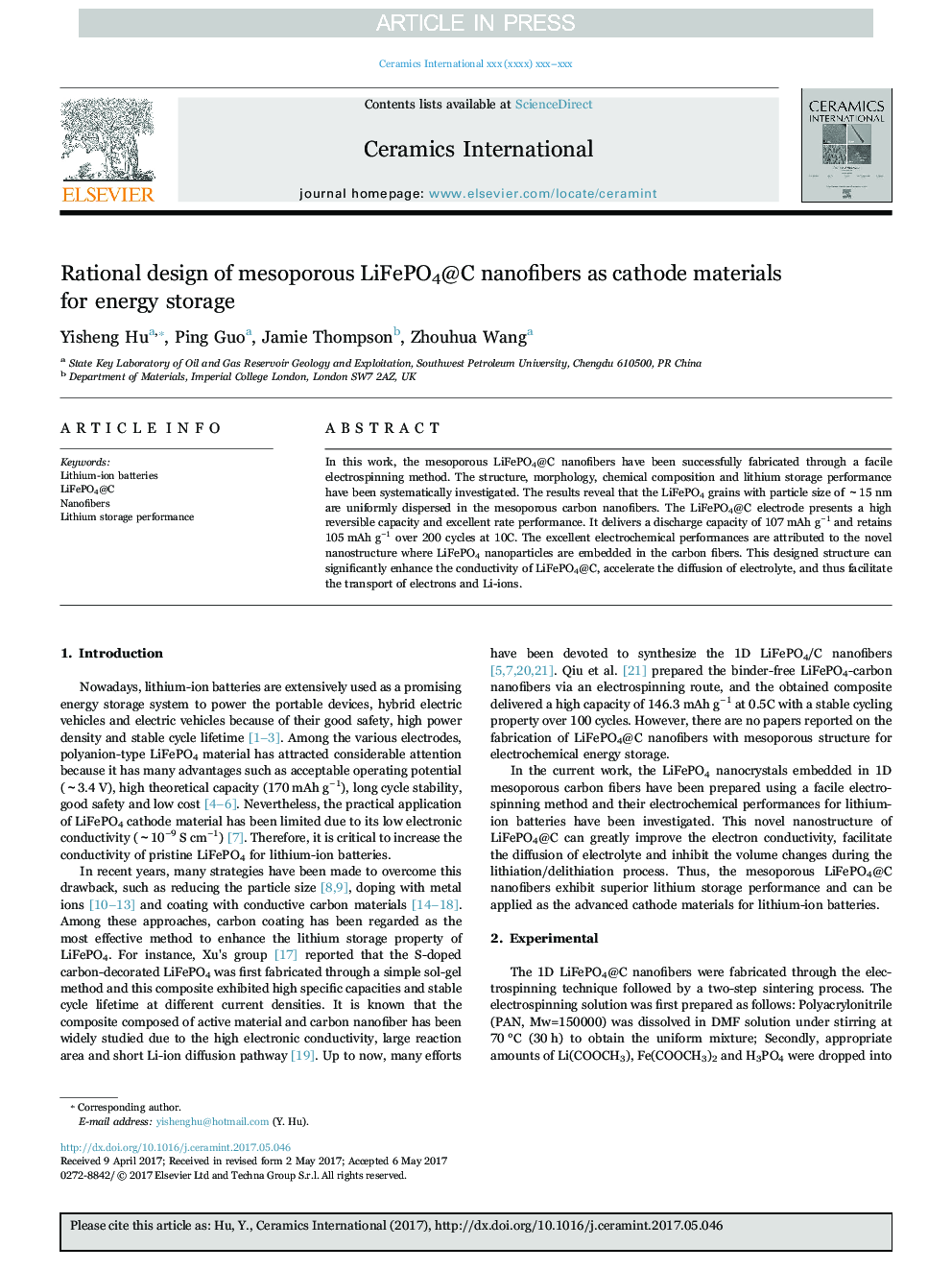 Rational design of mesoporous LiFePO4@C nanofibers as cathode materials for energy storage