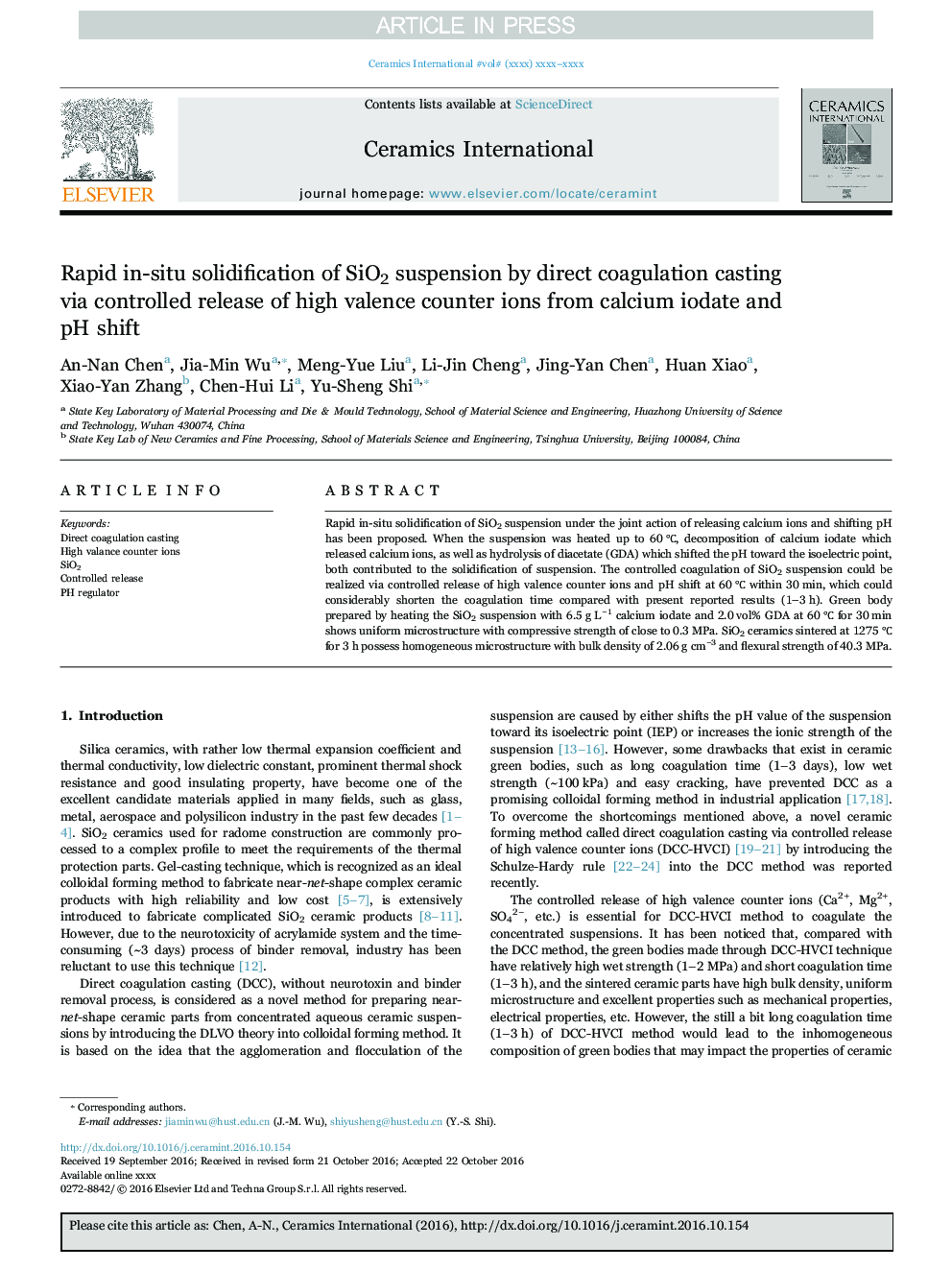 Rapid in-situ solidification of SiO2 suspension by direct coagulation casting via controlled release of high valence counter ions from calcium iodate and pH shift