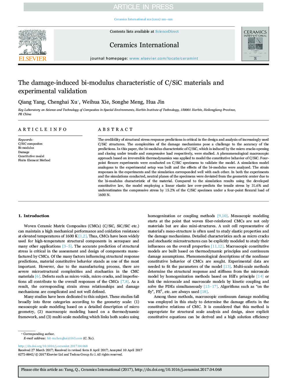 The damage-induced bi-modulus characteristic of C/SiC materials and experimental validation