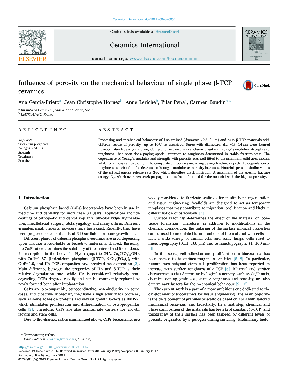 Influence of porosity on the mechanical behaviour of single phase Î²-TCP ceramics