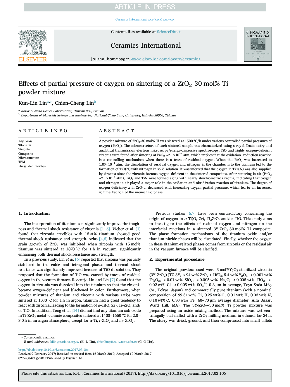 Effects of partial pressure of oxygen on sintering of a ZrO2-30Â mol% Ti powder mixture