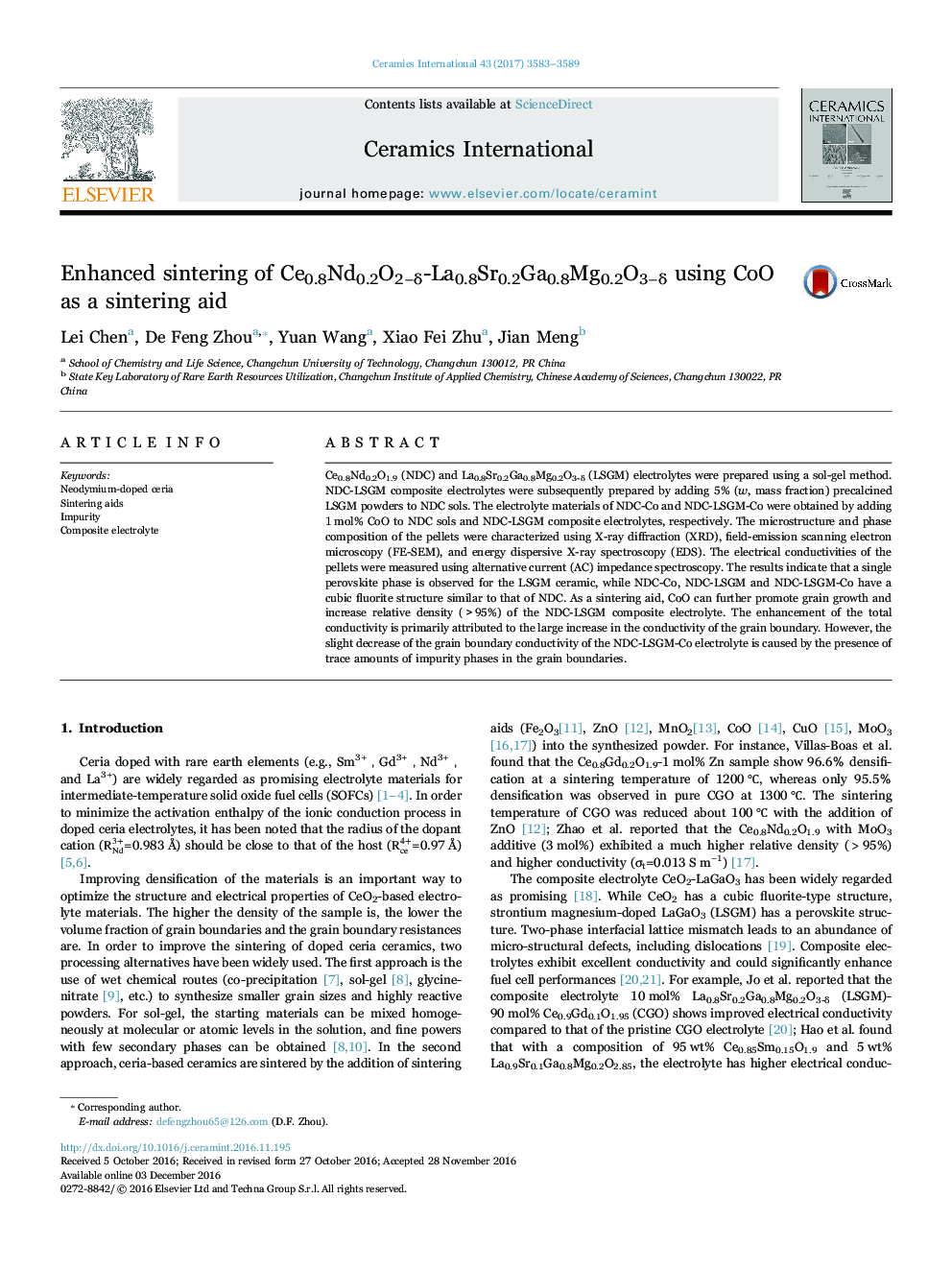 Enhanced sintering of Ce0.8Nd0.2O2âÎ´-La0.8Sr0.2Ga0.8Mg0.2O3âÎ´ using CoO as a sintering aid