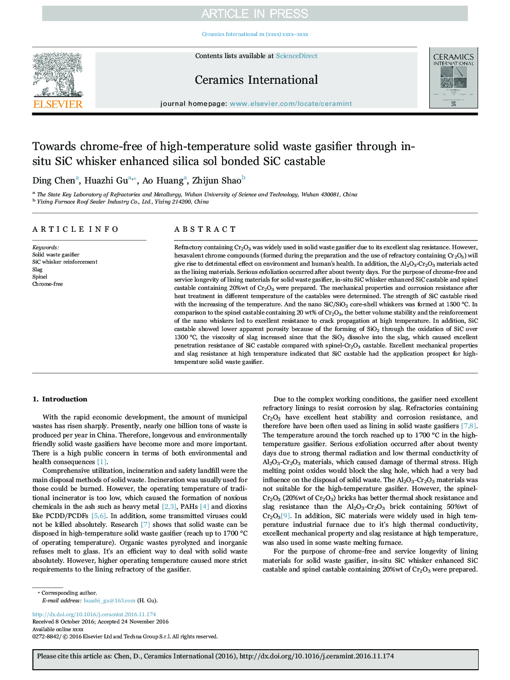 Towards chrome-free of high-temperature solid waste gasifier through in-situ SiC whisker enhanced silica sol bonded SiC castable