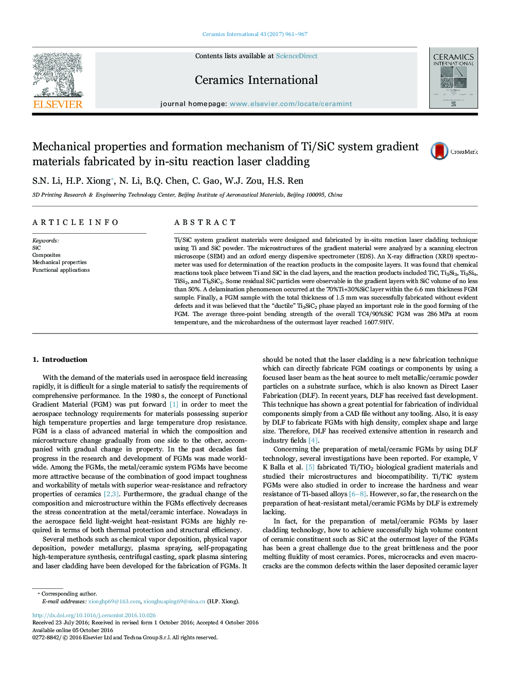 Mechanical properties and formation mechanism of Ti/SiC system gradient materials fabricated by in-situ reaction laser cladding