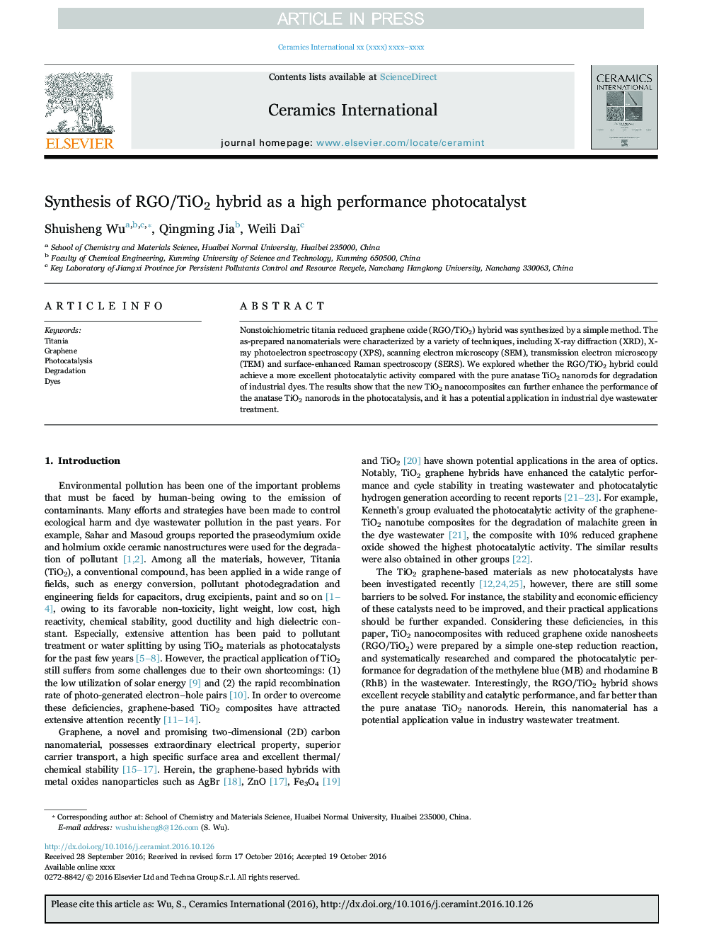 Synthesis of RGO/TiO2 hybrid as a high performance photocatalyst