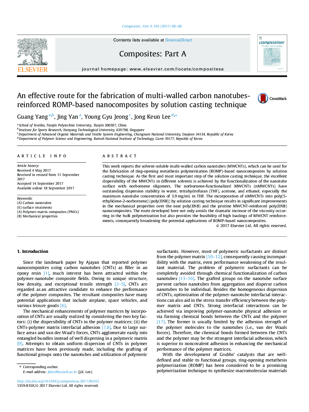 An effective route for the fabrication of multi-walled carbon nanotubes-reinforced ROMP-based nanocomposites by solution casting technique