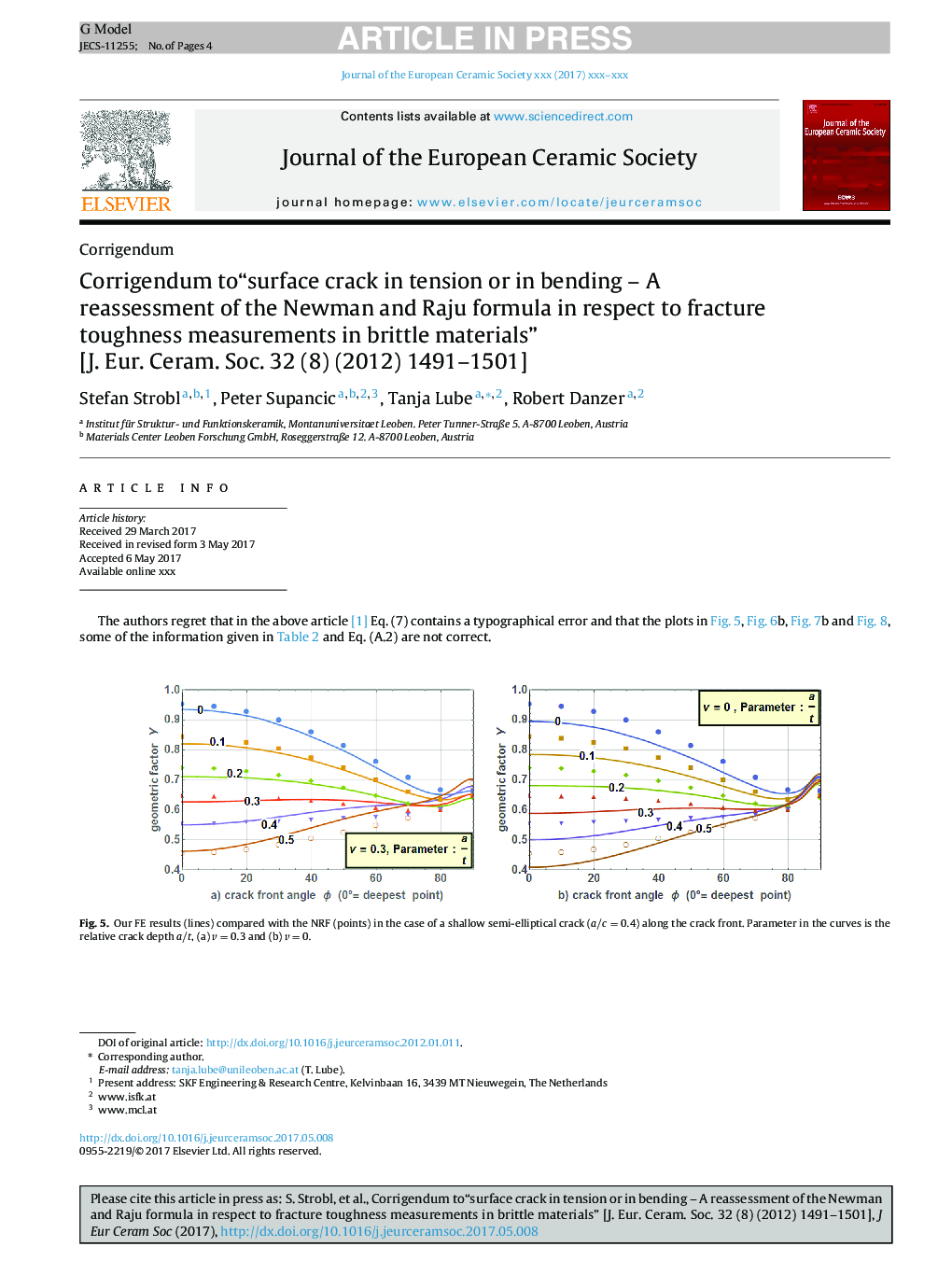 Corrigendum to“surface crack in tension or in bending - A reassessment of the Newman and Raju formula in respect to fracture toughness measurements in brittle materials” [J. Eur. Ceram. Soc. 32 (8) (2012) 1491-1501]