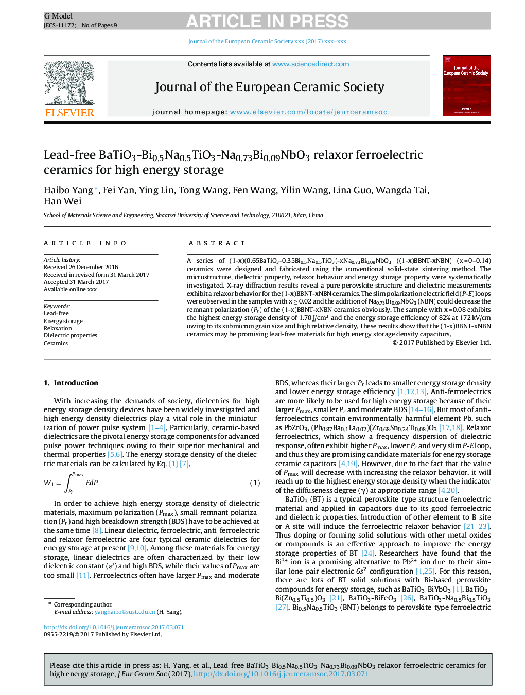 Lead-free BaTiO3-Bi0.5Na0.5TiO3-Na0.73Bi0.09NbO3 relaxor ferroelectric ceramics for high energy storage