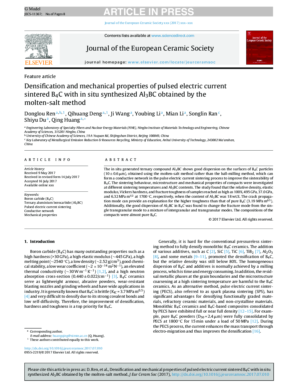 Densification and mechanical properties of pulsed electric current sintered B4C with in situ synthesized Al3BC obtained by the molten-salt method