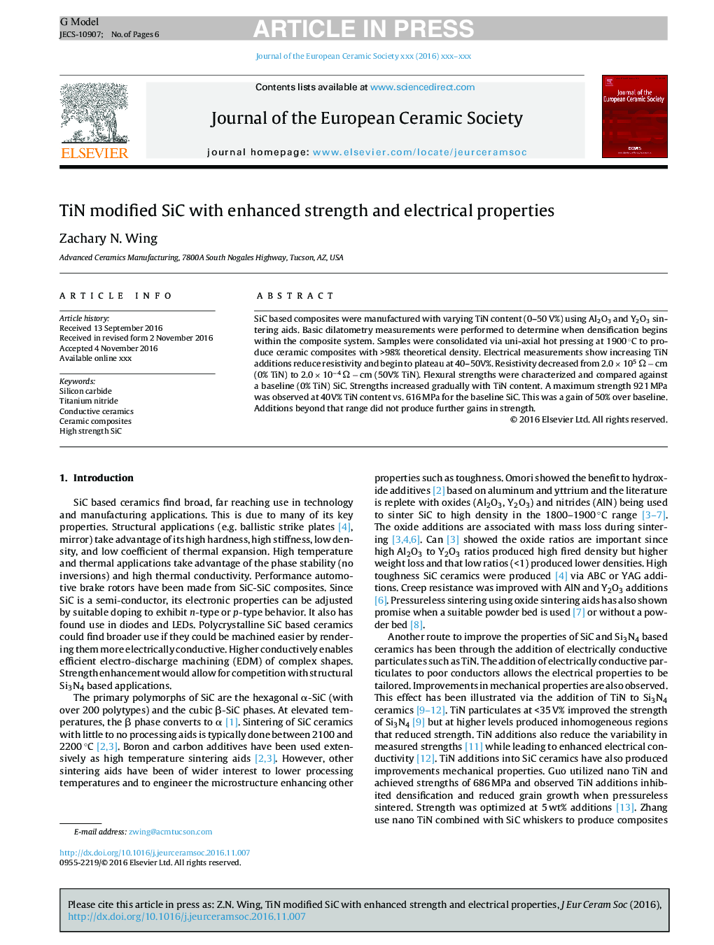 TiN modified SiC with enhanced strength and electrical properties