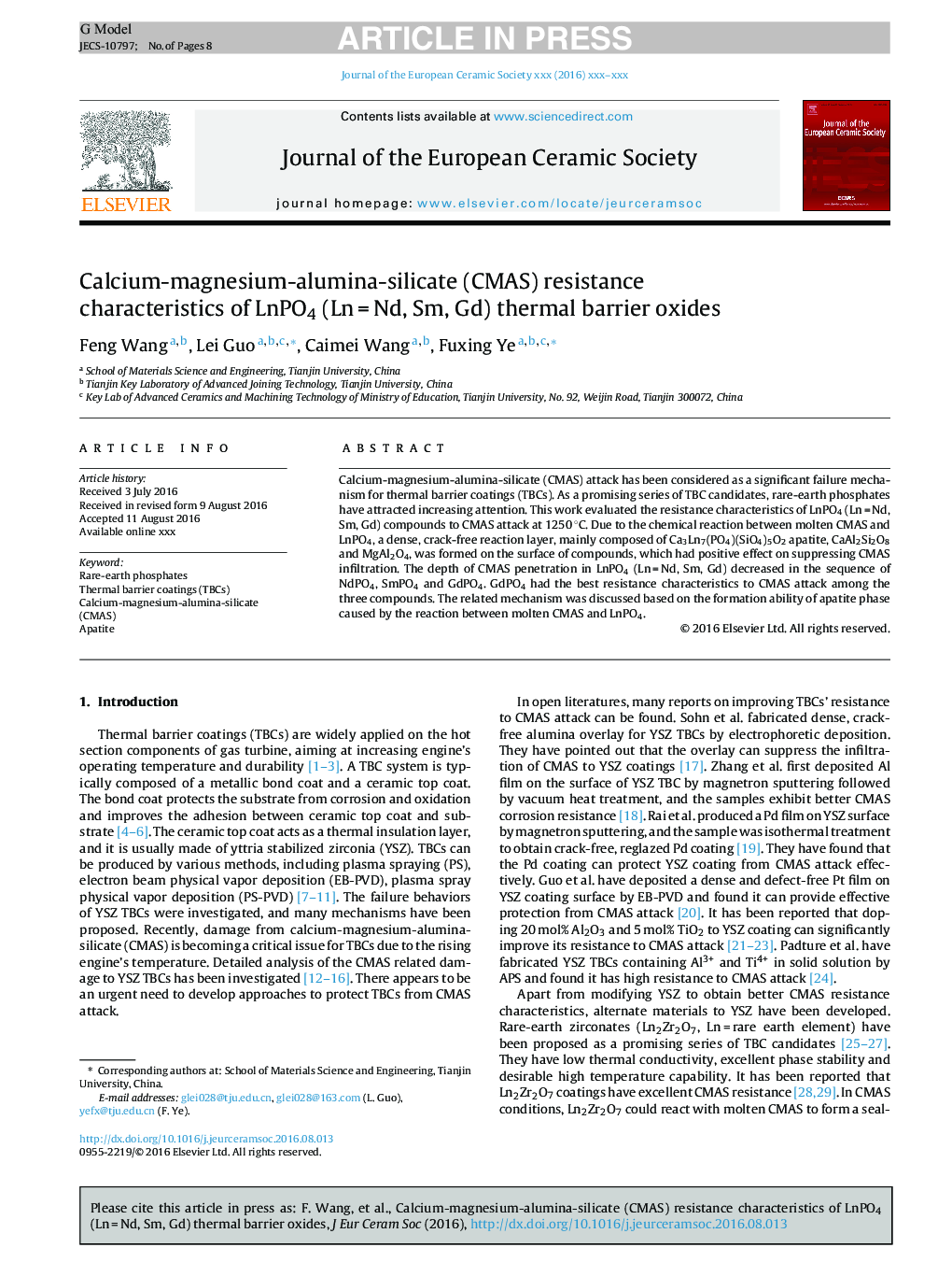 Calcium-magnesium-alumina-silicate (CMAS) resistance characteristics of LnPO4 (LnÂ =Â Nd, Sm, Gd) thermal barrier oxides