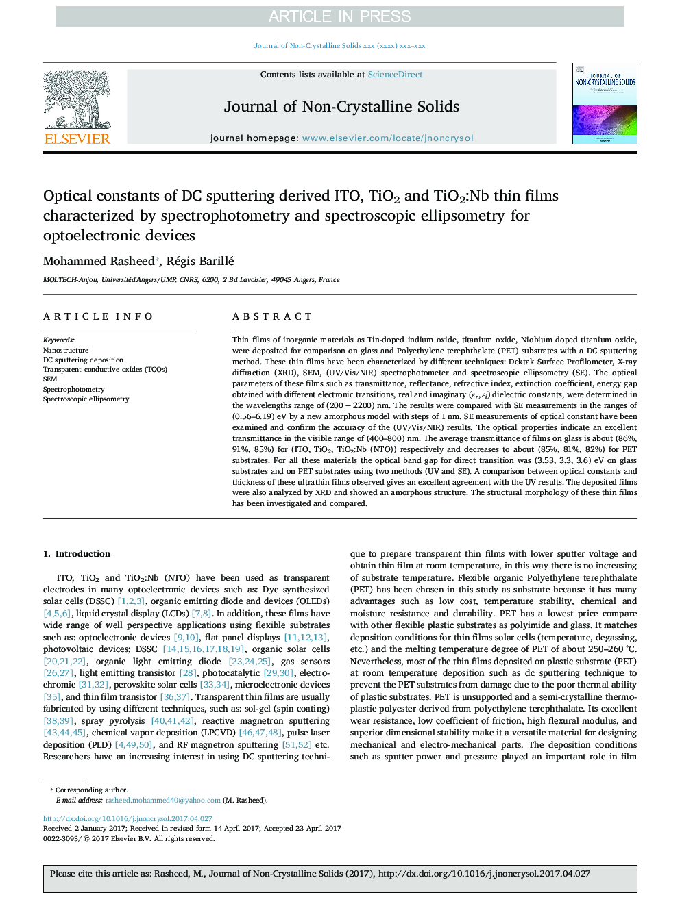 Optical constants of DC sputtering derived ITO, TiO2 and TiO2:Nb thin films characterized by spectrophotometry and spectroscopic ellipsometry for optoelectronic devices
