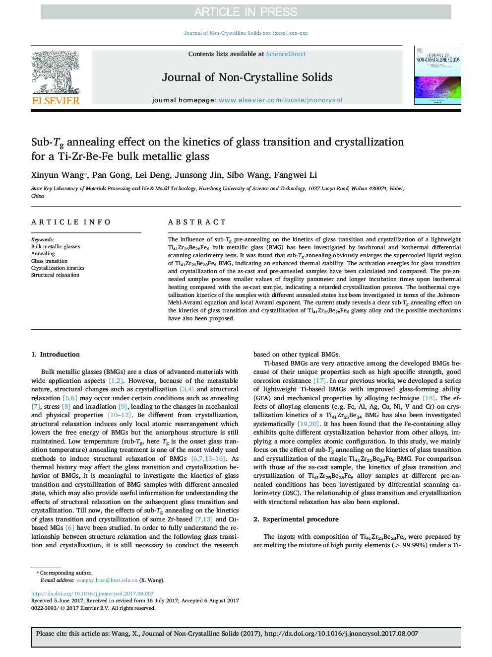 Sub-Tg annealing effect on the kinetics of glass transition and crystallization for a Ti-Zr-Be-Fe bulk metallic glass