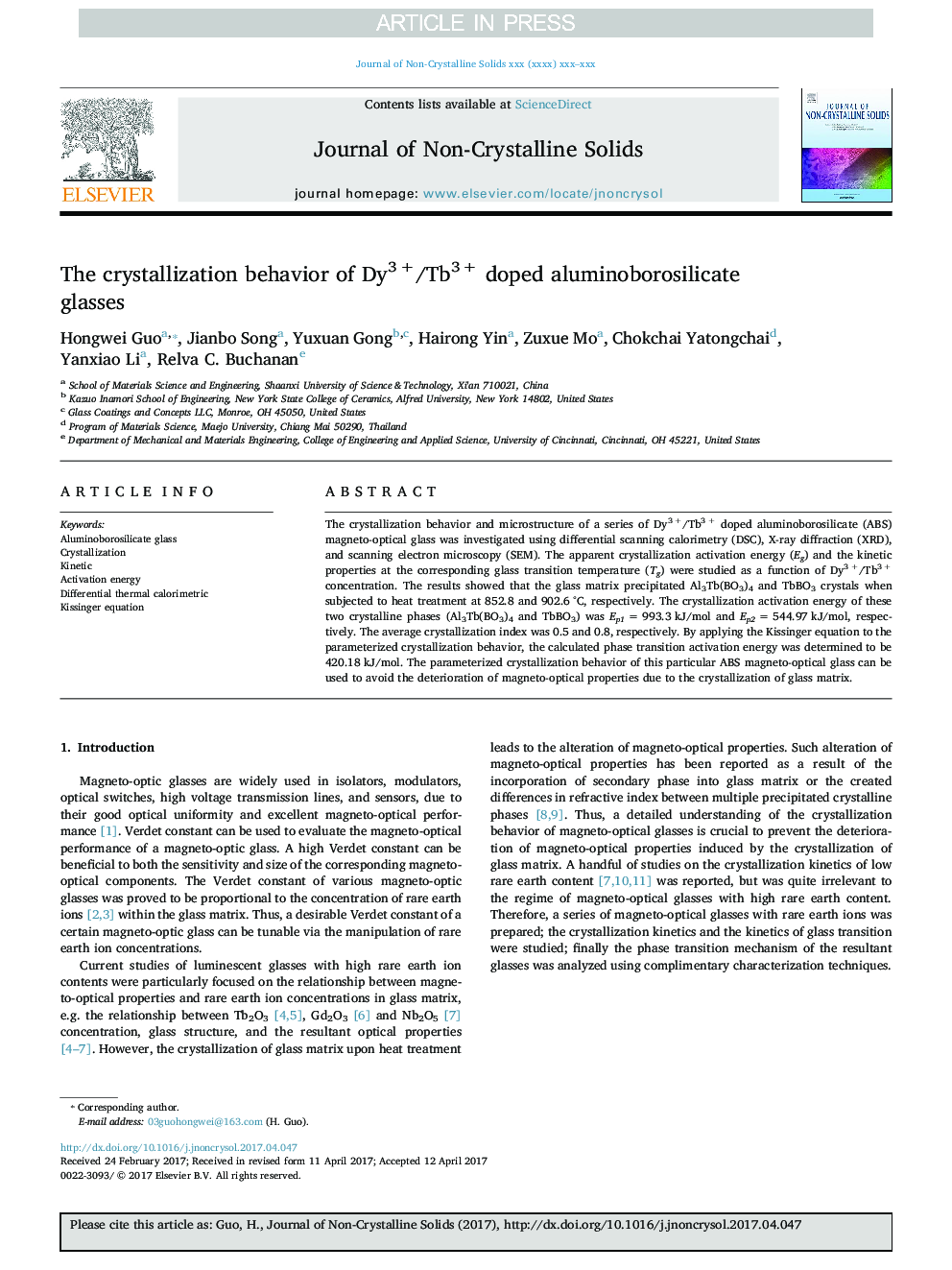 The crystallization behavior of Dy3Â +/Tb3Â + doped aluminoborosilicate glasses