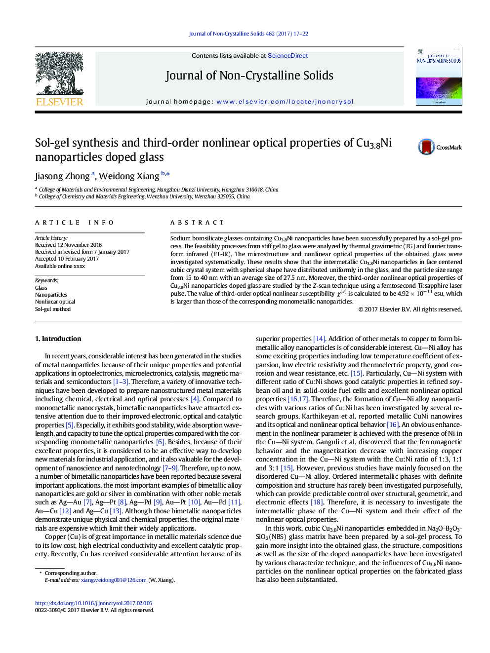Sol-gel synthesis and third-order nonlinear optical properties of Cu3.8Ni nanoparticles doped glass