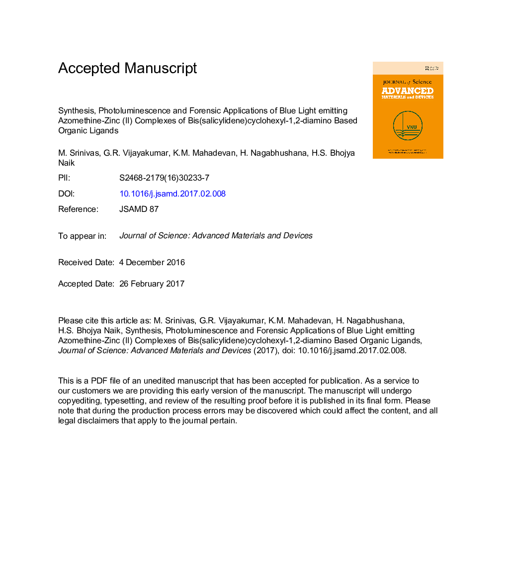 Synthesis, photoluminescence and forensic applications of blue light emitting azomethine-zinc (II) complexes of bis(salicylidene)cyclohexyl-1,2-diamino based organic ligands