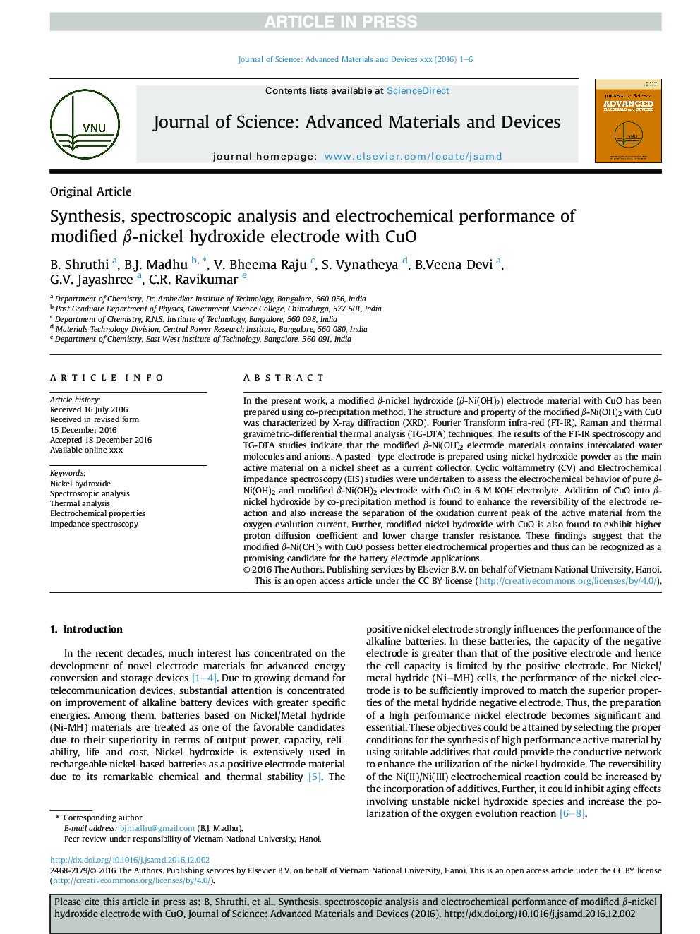 Synthesis, spectroscopic analysis and electrochemical performance of modified Î²-nickel hydroxide electrode with CuO