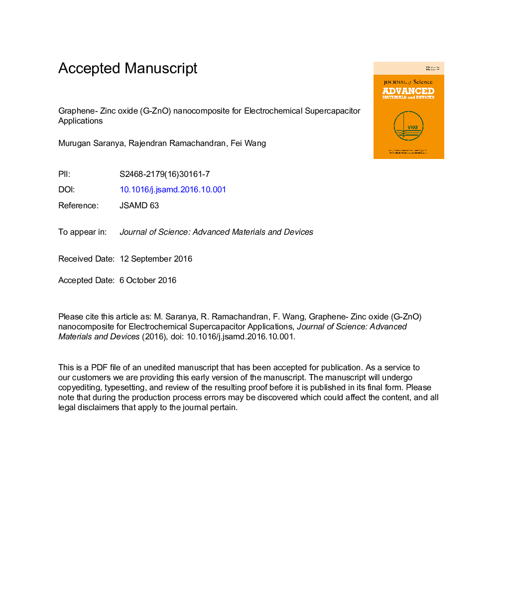 Graphene-zinc oxide (G-ZnO) nanocomposite for electrochemical supercapacitor applications