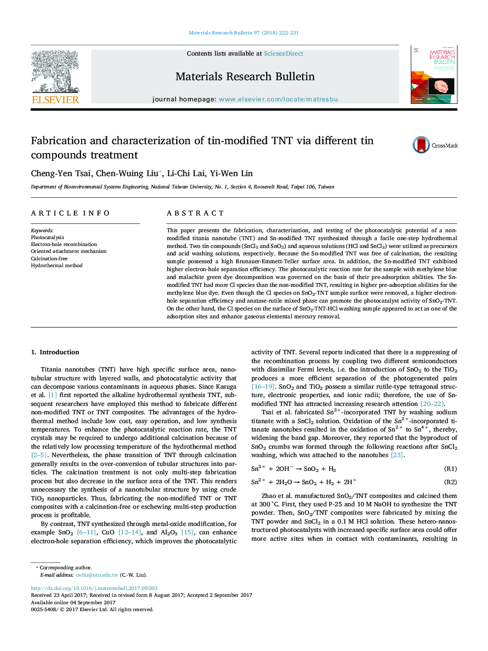 Fabrication and characterization of tin-modified TNT via different tin compounds treatment