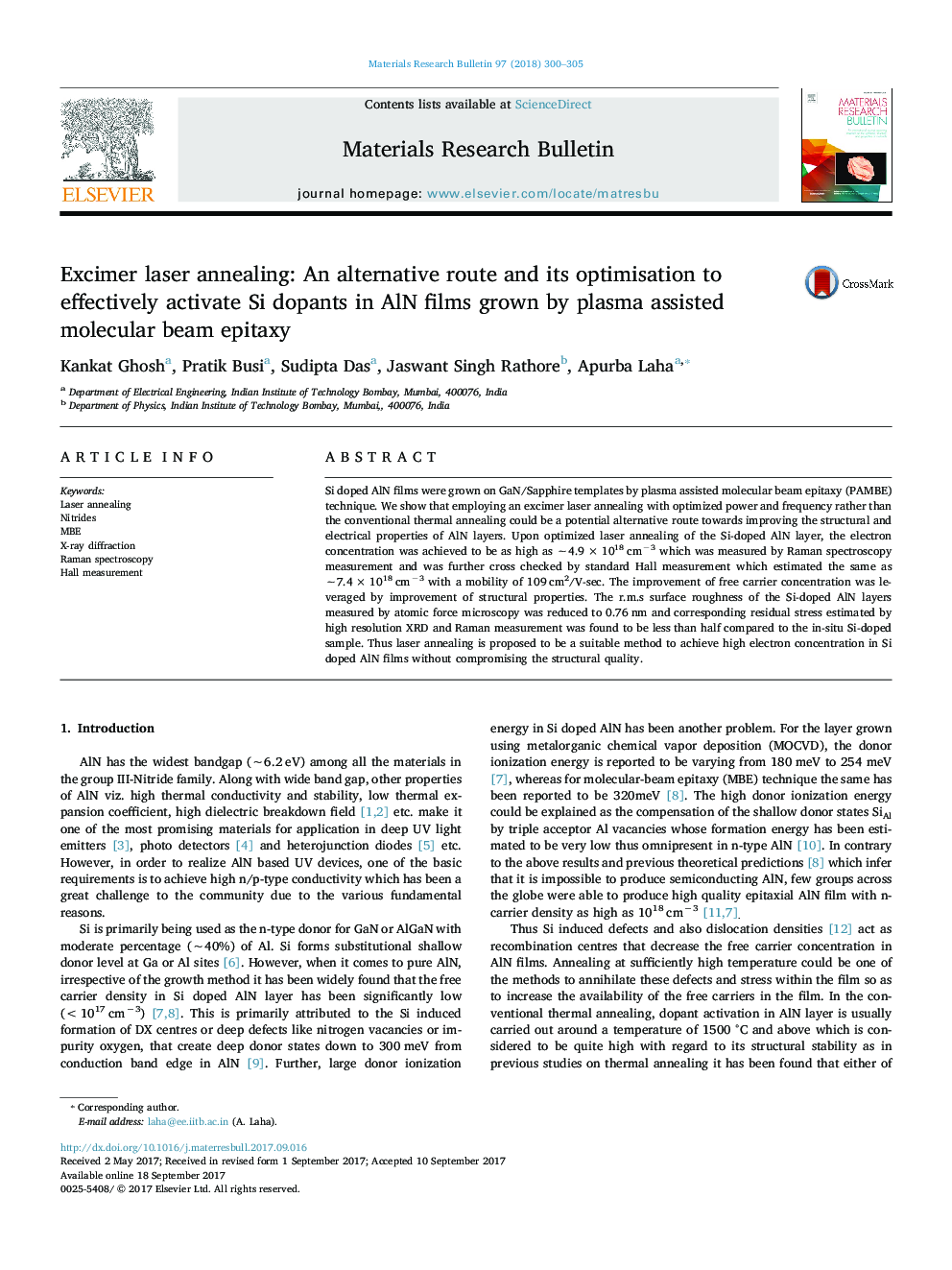 Excimer laser annealing: An alternative route and its optimisation to effectively activate Si dopants in AlN films grown by plasma assisted molecular beam epitaxy