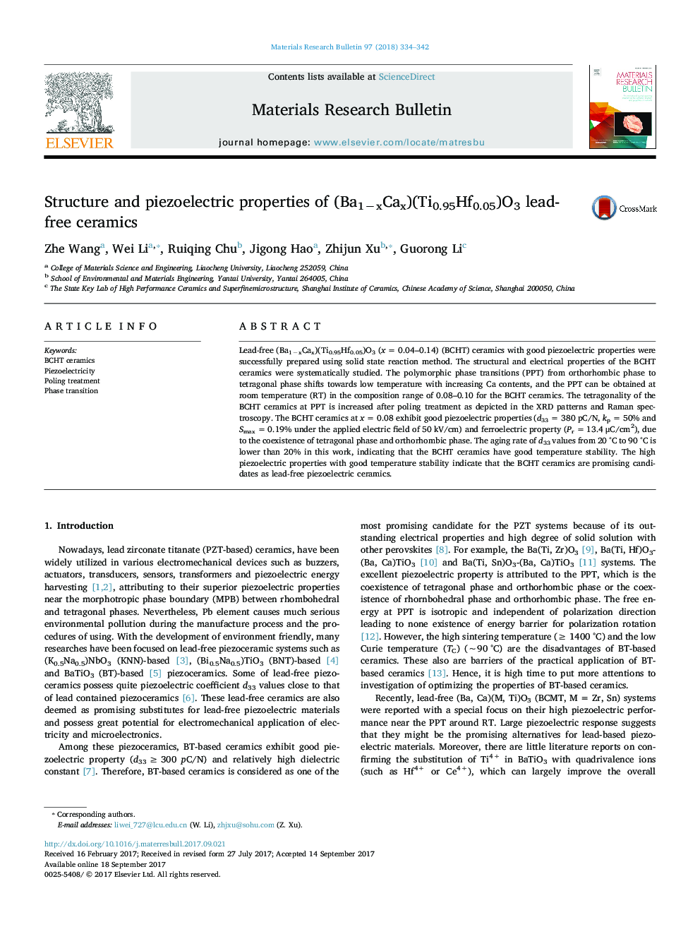 Structure and piezoelectric properties of (Ba1âxCax)(Ti0.95Hf0.05)O3 lead-free ceramics