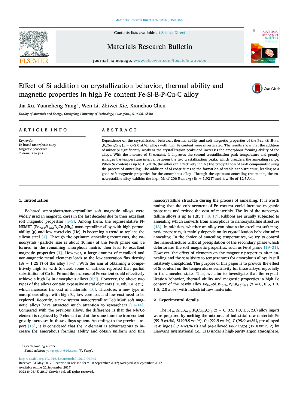 Effect of Si addition on crystallization behavior, thermal ability and magnetic properties in high Fe content Fe-Si-B-P-Cu-C alloy