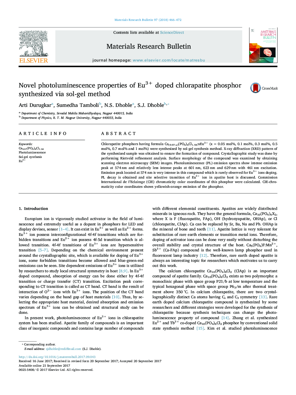Novel photoluminescence properties of Eu3+ doped chlorapatite phosphor synthesized via sol-gel method