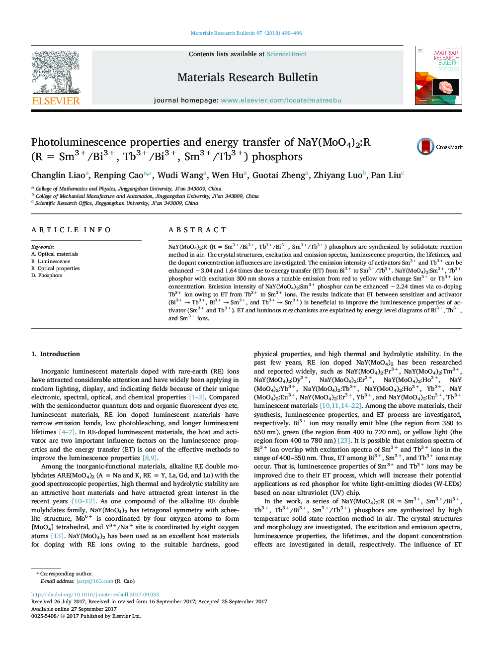 Photoluminescence properties and energy transfer of NaY(MoO4)2:R (RÂ =Â Sm3+/Bi3+, Tb3+/Bi3+, Sm3+/Tb3+) phosphors