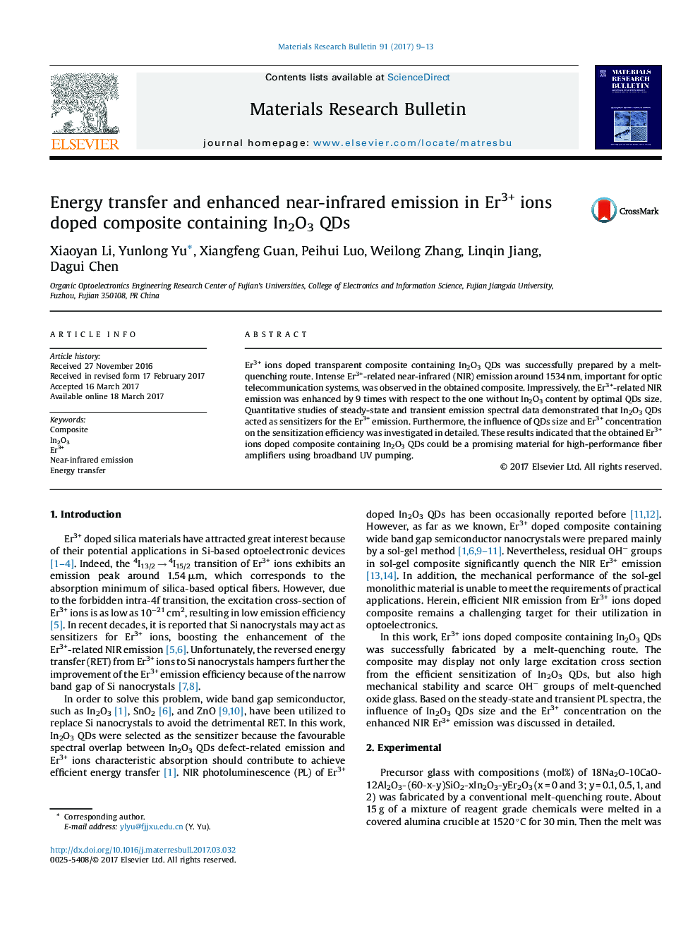 Energy transfer and enhanced near-infrared emission in Er3+ ions doped composite containing In2O3 QDs