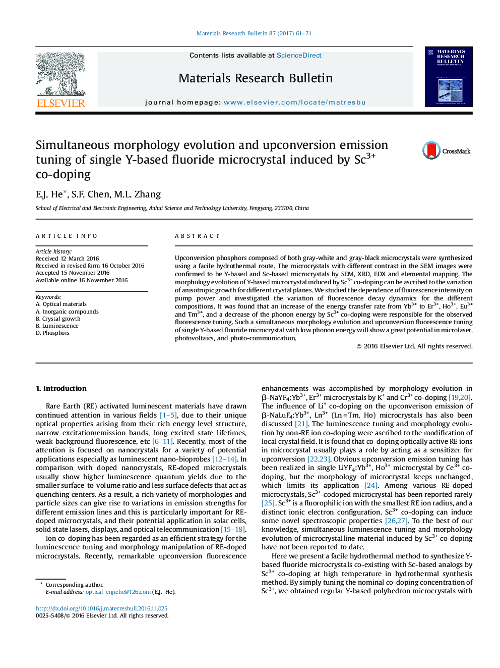 Simultaneous morphology evolution and upconversion emission tuning of single Y-based fluoride microcrystal induced by Sc3+ co-doping