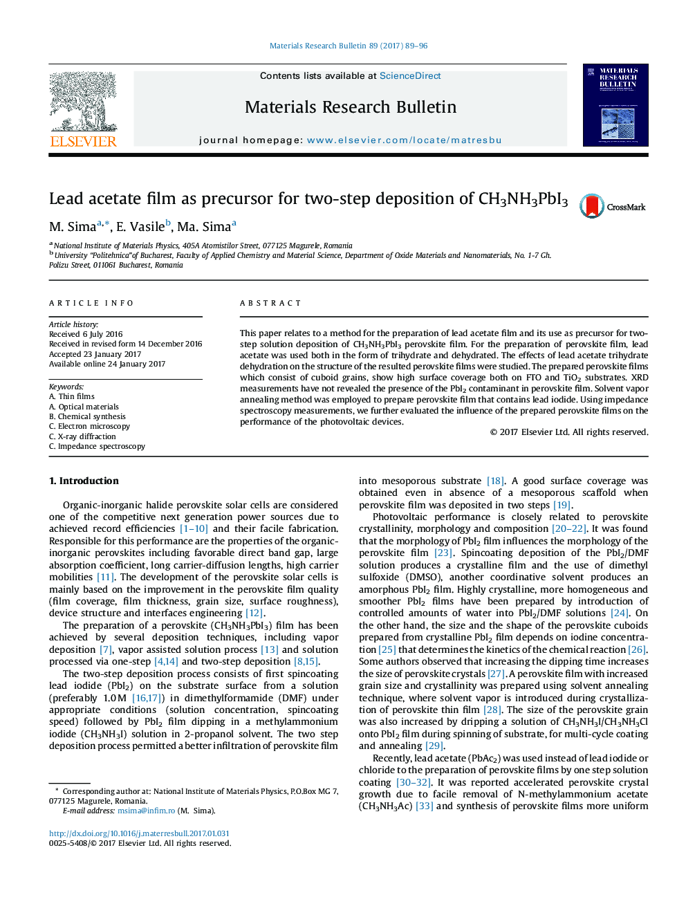Lead acetate film as precursor for two-step deposition of CH3NH3PbI3