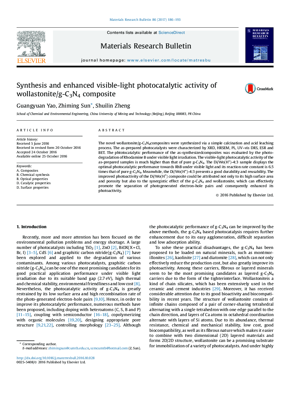 Synthesis and enhanced visible-light photocatalytic activity of wollastonite/g-C3N4 composite