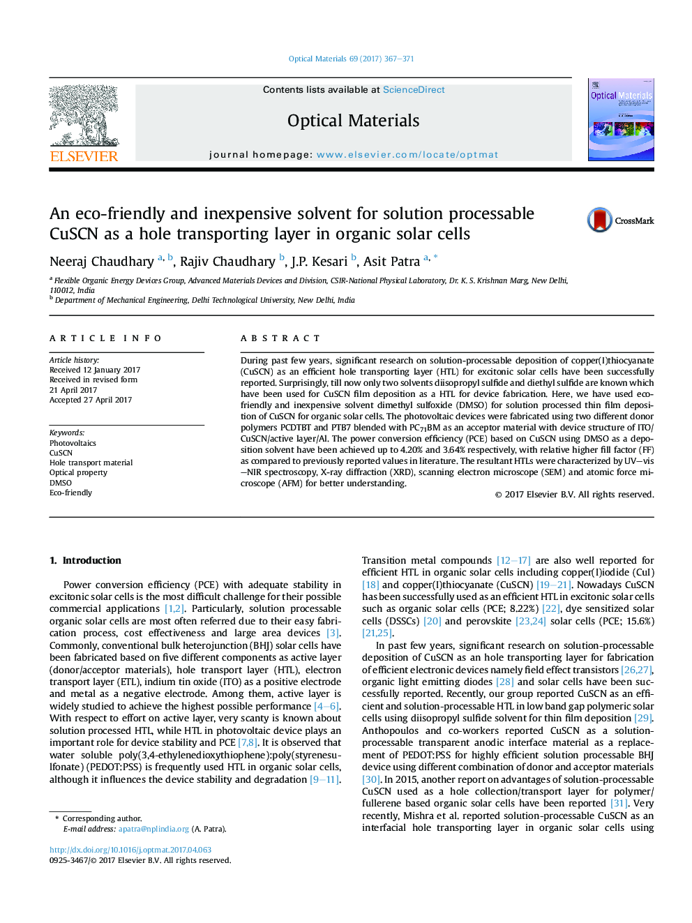 An eco-friendly and inexpensive solvent for solution processable CuSCN as a hole transporting layer in organic solar cells