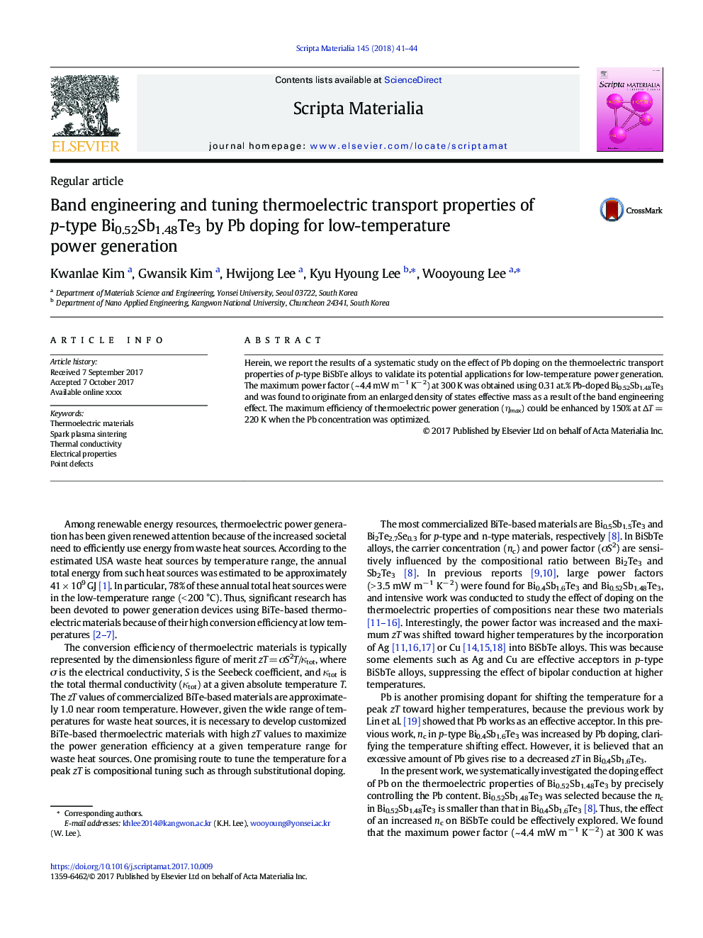 Band engineering and tuning thermoelectric transport properties of p-type Bi0.52Sb1.48Te3 by Pb doping for low-temperature power generation