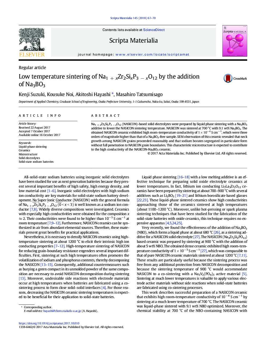 Low temperature sintering of Na1Â +Â xZr2SixP3Â âÂ xO12 by the addition of Na3BO3