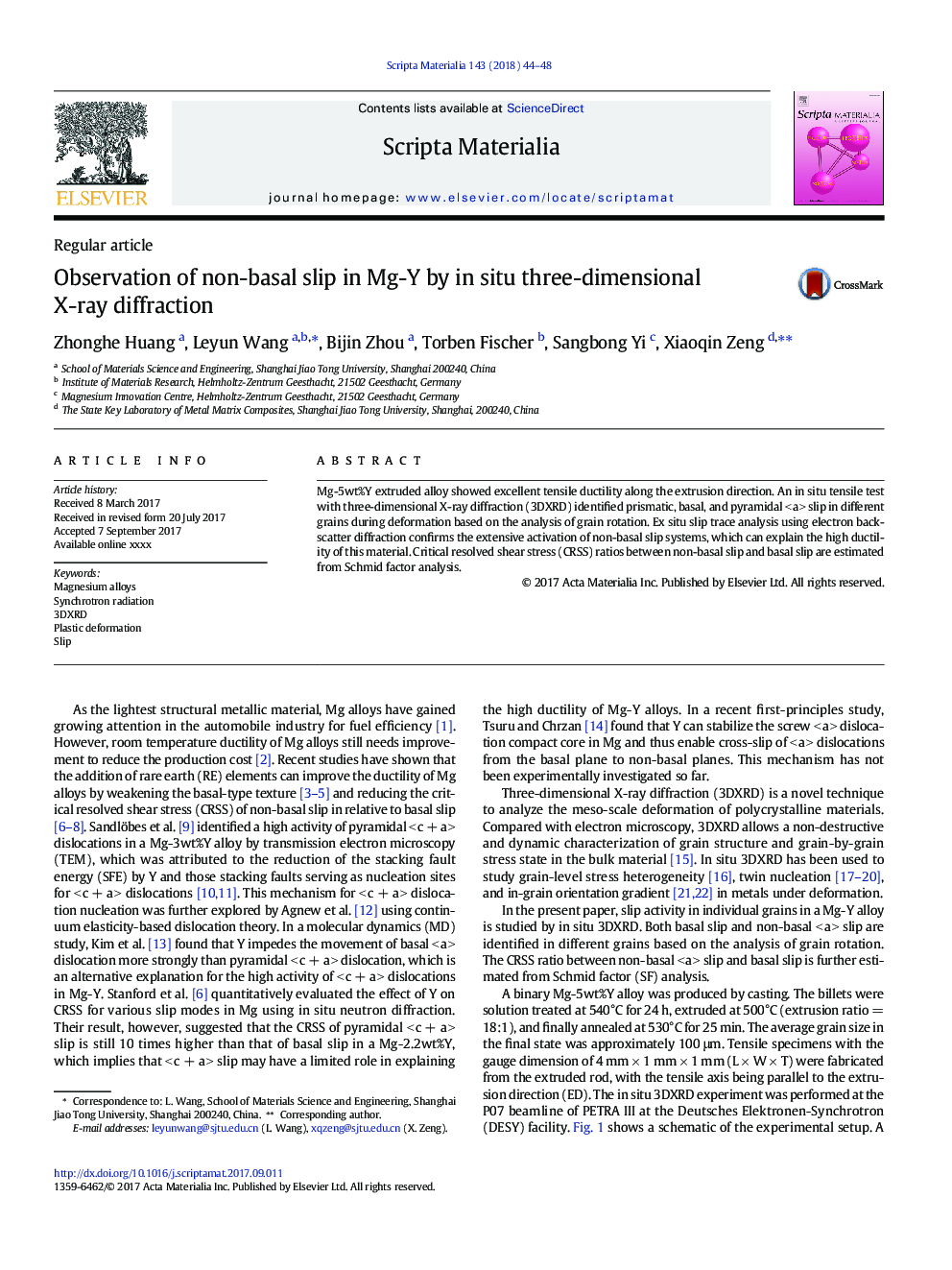 Observation of non-basal slip in Mg-Y by in situ three-dimensional X-ray diffraction
