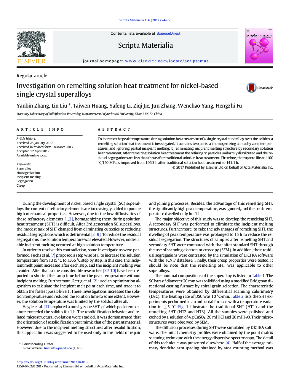 Investigation on remelting solution heat treatment for nickel-based single crystal superalloys