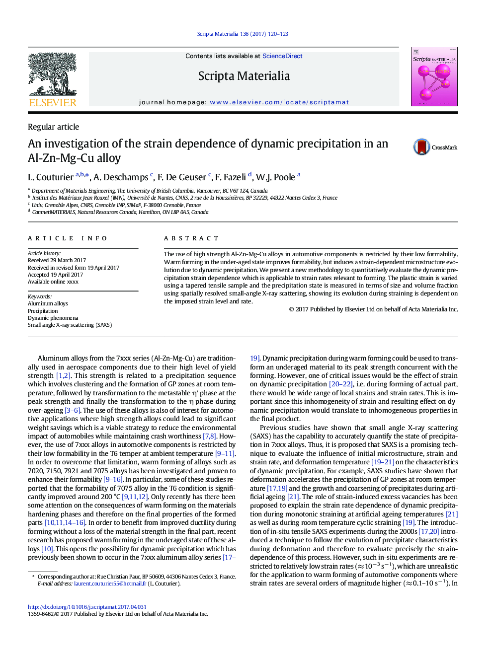 An investigation of the strain dependence of dynamic precipitation in an Al-Zn-Mg-Cu alloy